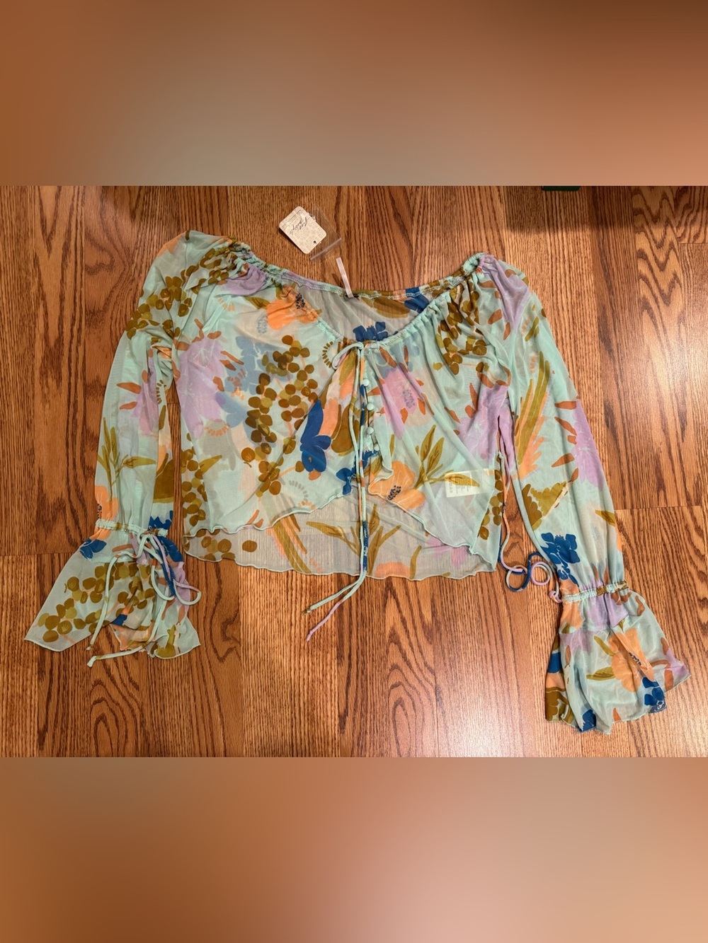 Free People Mint Green Floral Tie-Front Sheer Blouse